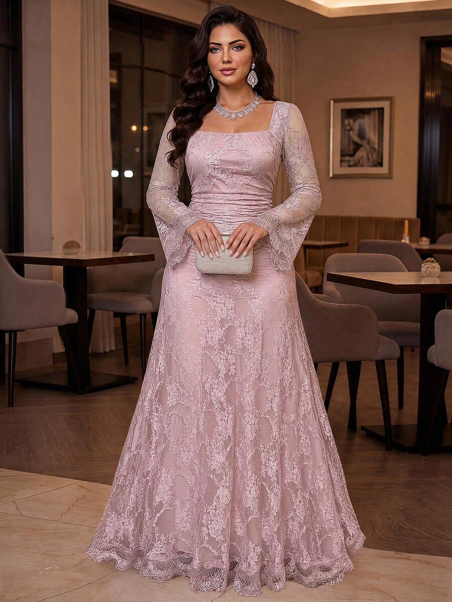 Auveirra Plus Size Women Square Neck Flare Sleeve Elegant Lace Dress Fall - Pink - View 1