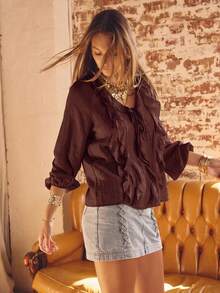 Aralina Ruffled V-Neck Long Sleeve Front Tie Blouse - Burgundy - View 6