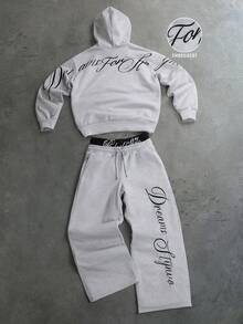 PAVTROS Conjunto de sudadera con capucha y pantalones de chándal con letras bordadas para hombre - Gris - Ver 1
