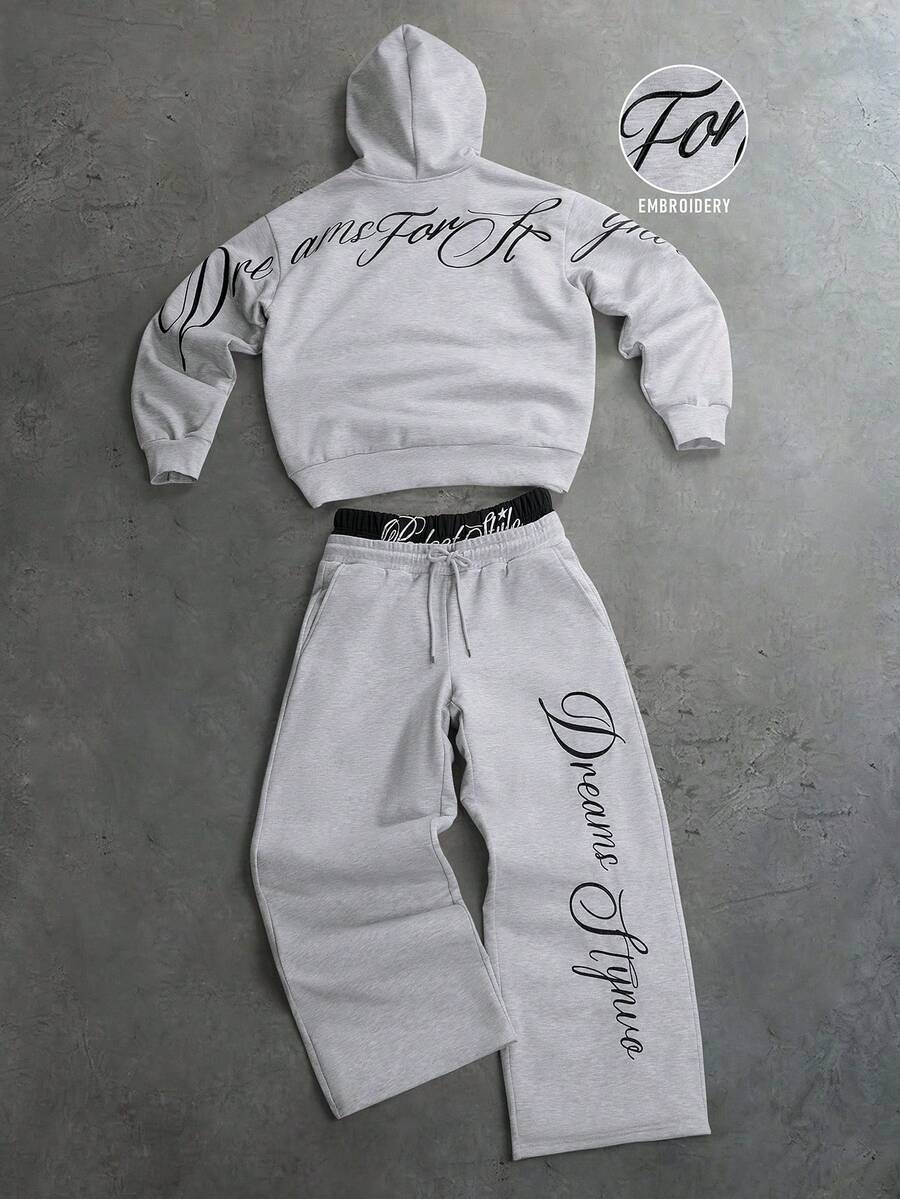 PAVTROS Conjunto de sudadera con capucha y pantalones de chándal con letras bordadas para hombre - Gris - Ver 1