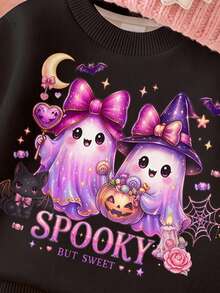 Star Wish 紫水晶、Aurora Jelly 小女巫、Dark Night 黑貓，太可愛了不嚇人！Trick Or Treat! 嬰兒女童休閒柔軟圓領寬鬆套頭衛衣內搭褲套裝，秋冬日常、萬聖節、甜美風、BOO - 彩色 - 查看 5
