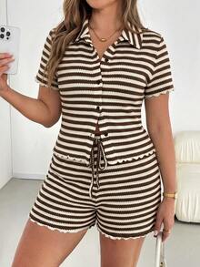 Shapeblank Plus Size Summer Casual Striped Top And Shorts 2 Pieces Set - Brown - View 4