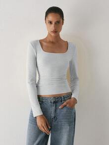 YARNWELL Women's Square Neck Long Sleeve T-Shirt – Soft Stretchy Fitted Top, Everyday Essential For Daily, Work Lounge Indoor Home Casual Simple Grey - Light Grey - View 7