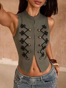 Opulessa Fall/Winter Women's Fashion Halloween Napoleon Business Casual Vintage Double-Breasted Vest - Black - View 3