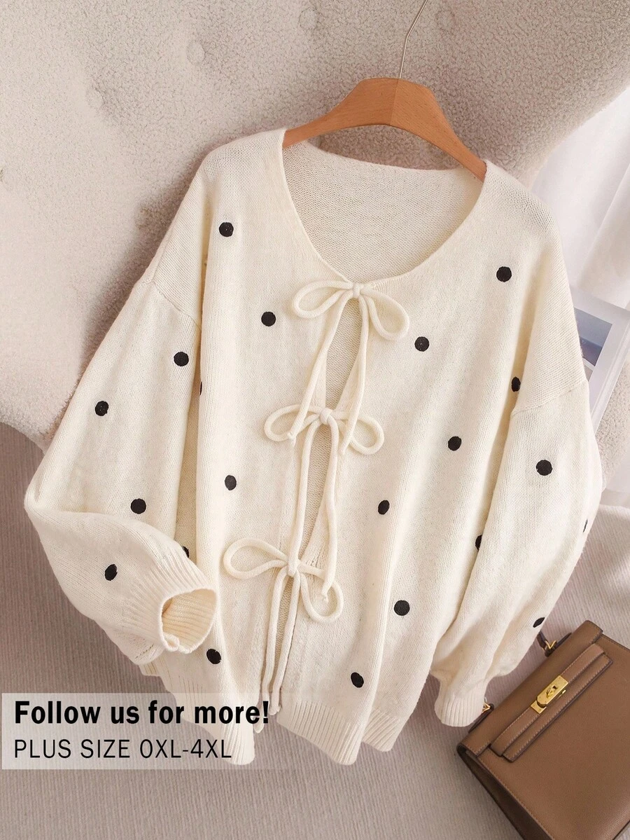 CosyJoli Plus Size Women's Polka Dot Tie Front Casual Versatile Daily Wear Cardigan Winter