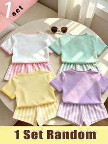 Elladie kids (Random Pattern, 1 Set Random) Girls' Cherry Lemon Flower Strawberry Pale Yellow White Vertical Stripe Pattern Short T-Shirt And Shorts Back To School - Multicolor - View 2