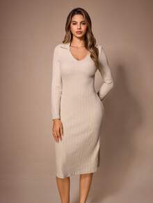 Lazeform Solid Color Knitted Long Sleeve V-Neck Fitted Nightgown, Wearable As Loungewear Dress - Apricot - View 5