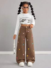 SHEIN Tween Gir LY2k 彩色愛心刺繡圖案棕色寬鬆寬腿牛仔褲，適合女童上學穿著 - 棕色 - 查看 3