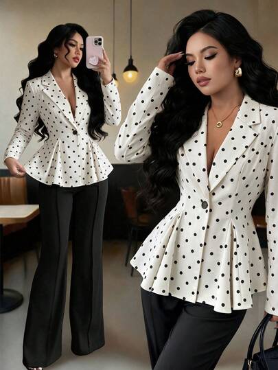 Elenzga Blazer Wanita Motif Polkadot Musim Semi/Gugur, Kerah Kancing Tunggal, Pinggang Diikat, Model Lipit Mengembang, Siluet Ramping, Gaya Komuter Dewasa, Jaket Pendek untuk Kencan Kasual