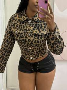 StreetHx Sexy Casual Leopard Print Fabric Pocket Decor Tweed Jacket Night Out Tan Autumn - Multicolor - View 3