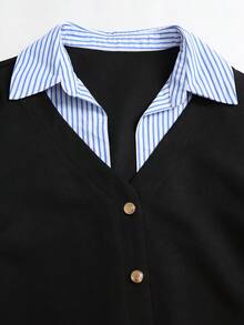 Sweetra Women's Sweet Elegant Commute Preppy Style Striped Patchwork 2 In 1 Jacket - Black - View 4