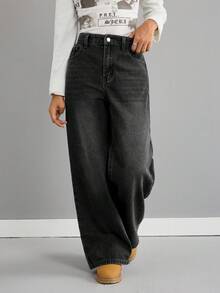 SHEIN Celana Jeans Longgar Berpinggang Rendah Warna Biru Retro untuk Anak Perempuan - Hitam - View 3