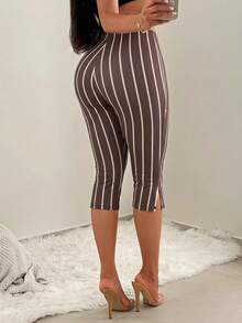 SHEIN SXY 黑色條紋印花高腰開衩七分長緊身褲 - 黑色 - 查看 2