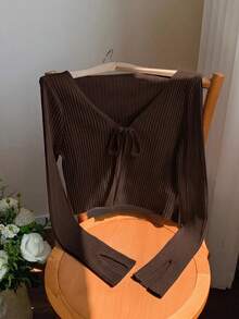 Comfortcana Casual Versatile Solid Color Tie-Front Knit Cardigan - Brown - View 8