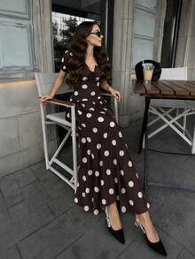Modelyn 女款梭織大波點通勤優雅浪漫日常約會法式修身中長洋裝 - 棕色 - 查看 5