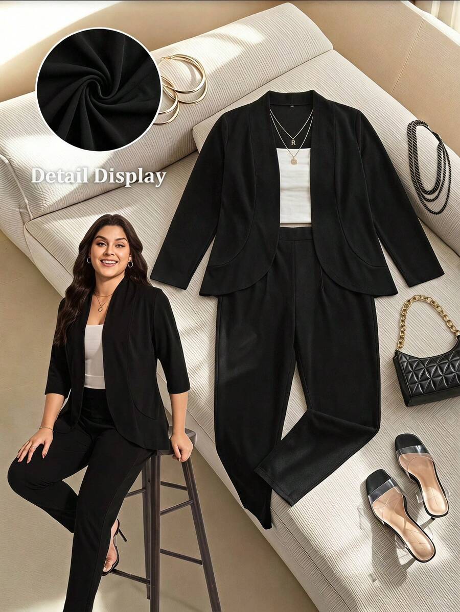 Comfylo LUNE 大尺碼女款純色 3/4 袖西裝套裝（外套與長褲 2 件套），適合辦公穿著，秋季女裝，大尺碼秋季女裝，秋季穿搭，女款秋季西裝