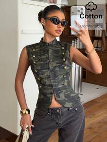Muchica Women Winter Coat Camouflage Print Zip-Front Vest With Napoleon-Style Button Detail Y2k Clothes Y2K - Multicolor - View 4