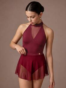 SHEIN 2pcs/Set Girls Ballet Performance Costume, Elegant Stand Collar Jumpsuit With Tulle Skirt, Suitable For School Performance, Dance Training, Competition, All Seasons, Back To School College - Burgundy - View 4