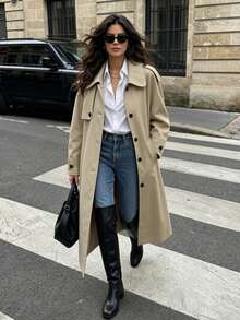 SHEIN PariChic Khaki Mid-Length Trench Coat For Women, Autumn Loose Fit Raglan Sleeve Peter Collar Minimalist Commute Single-Breasted Overcoat/Daily/Casual Solid Color Trench Jacket - Khaki - View 5