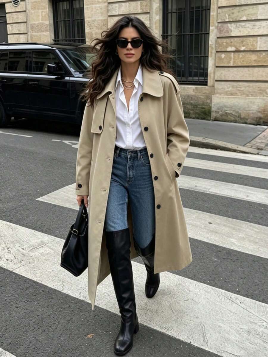 SHEIN PariChic 卡其色女款中長款風衣，秋季寬鬆版型插肩袖彼得領極簡通勤單排扣大衣/日常/休閒純色風衣外套 - 卡其色 - 查看 1
