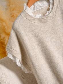 CosyJoli Plus Size Elegant French Casual Patchwork Lace Knit Vest Sweater Top For Women Autumn/Winter - Apricot - View 7