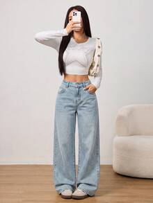 SHEIN PETITE 夏季女款休閒涼爽度假水洗復古寬腿水藍色水洗牛仔褲，適合度假旅行、秋季穿搭與早午餐，淺藍色 - 淺色水洗藍 - 查看 9
