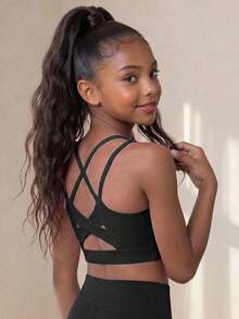 SHEIN Tween Girl Criss Cross Back Sports Bra, Autumn Winter, Fall, Back To School, Yoga, Gym, Running, Training, Stretchy, Breathable, Elastic, Active - Black - View 6