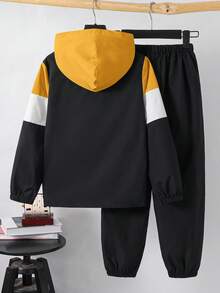 SHEIN 2件組兒童青少年男孩休閒日常舒適配色拼接連帽半拉鍊套頭寬鬆長袖外套與寬鬆錐形長褲梭織套裝，外套適合秋冬 - 黃色 - 查看 3