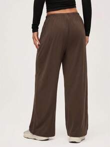 SHEIN BASICS Plus Size Casual Baggy Traditional Elegant Versatile Solid Color Loose Pants Lounge Formal Office Home Wear Vacation Brown Autumn - Brown - View 2