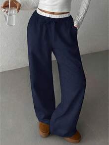 SHEIN Tween Girls Solid Color Straight Leg Casual Knit Pants - Navy Blue - View 1