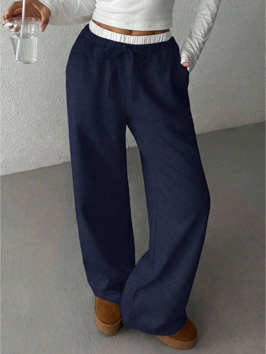 SHEIN Tween Girls Solid Color Straight Leg Casual Knit Pants - Navy Blue - View 1