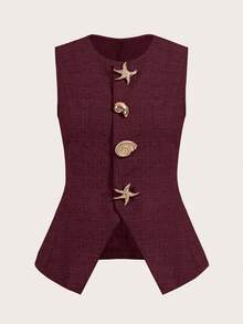 Ellevyn Seashell & Star Button Sleeveless Elegant Blouse,Red Top - Maroon - View 6
