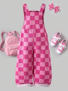 SHEIN Genkimix Kids 幼女時尚百搭牛仔吊帶褲，適合幼兒，春夏秋冬四季穿著，粉色格紋蝴蝶結設計，增添可愛氛圍，胸前大蝴蝶結設計，寬鬆直筒褲管，柔軟舒適面料，適合日常外出與上學通勤 - 粉色 - 查看 2
