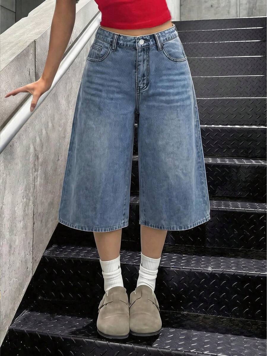 Teen GirlLoose Fit Wide Leg Blue Jeans - Medium Wash - View 1