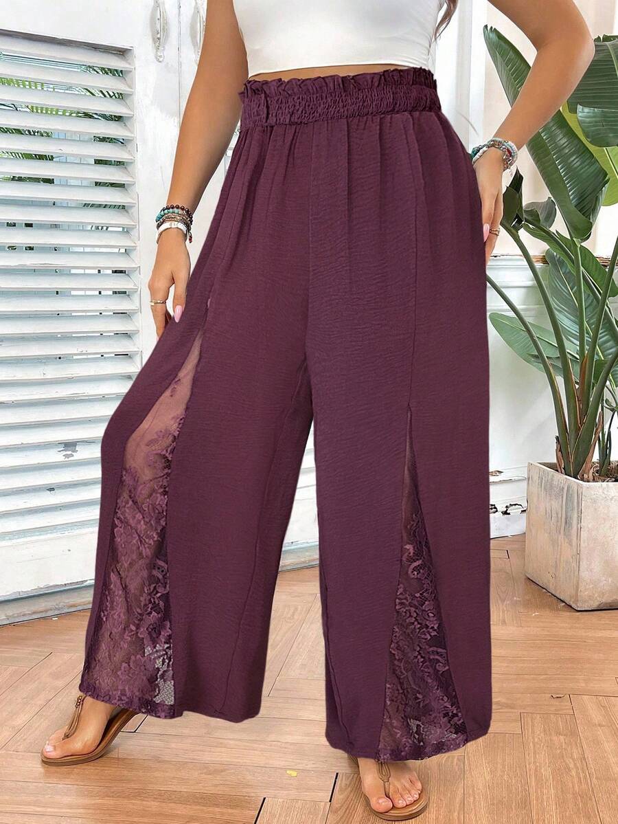 SHEIN VCAY Plus Size Casual Solid Color Lace Patchwork Pants - Dusty Pink - View 1