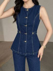 Feyla Women's Casual Commute Vest & Long Pants Denim Set Teacher Outfits For Women - Dark Wash - View 6