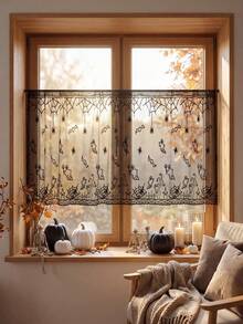 Pack Of 1, Grid Yarn Embroidery Ghost Pattern Small Gauze Curtain, Partition Coffee Curtain, Door Curtain, Halloween Decoration - Black - View 2