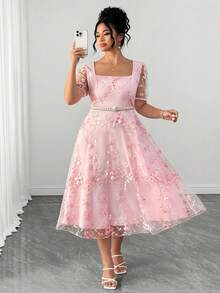 Elenzga Women's Elegant Pink Square Neck Puff Short Sleeve Elastic Waist Invisible Zipper Heavy Embroidery Floral Midi Dress,Daily, Commuting, Dating, Party - Pink - View 1