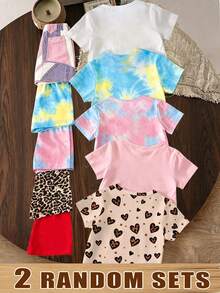 Elladie kids (Random Pattern, 2 Sets Random) Girls' Leopard Print Glitter Bow Patchwork Heart Flower Cherry Pattern Basic Short T-Shirt And Shorts Set - Multicolor - View 2