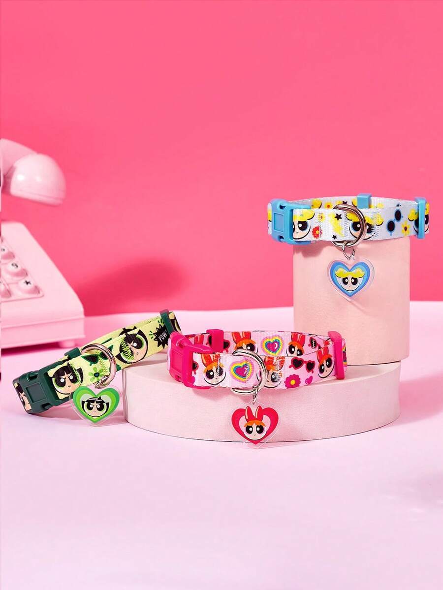 THE POWERPUFF GIRLS X PETSIN 1件寵物項圈附鈴鐺吊飾,可愛圖案,聚酯纖維材質,鈴鐺吊飾點綴,可調節舒適貼合,日常寵物識別,適用幼犬與幼貓 - 彩色 - 查看 1
