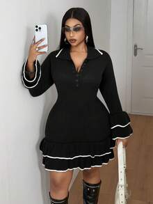 Maweii Plus Size Women's Knitted Dress With Ruffle Hem, Button Front And Turn-Down Collar, Fashionable - Black - View 1