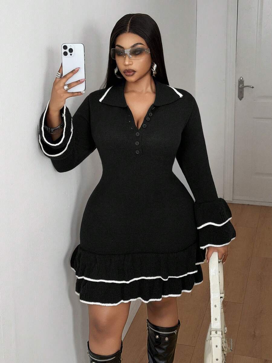 Maweii Plus Size Women's Knitted Dress With Ruffle Hem, Button Front And Turn-Down Collar, Fashionable - Black - View 1