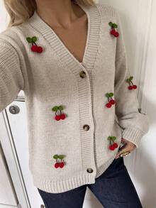 Women Solid Color 3d Cherry Pattern Accessory Deep V-Neck Front Button Drop Shoulder Chunky Cardigan - Apricot - View 6