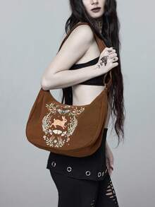ROMWE Fairycore Flower Type: 1663157 High Quality Embroidery Thread Moth Plant Rabbit Embroidery Mushroom Anti-Splashing Shoulder Underarm Oblique Span Back Computer Male And Female Students Large Capacity Commuter Travel Adjustable Dumpling Bag Brown - Brown - View 1