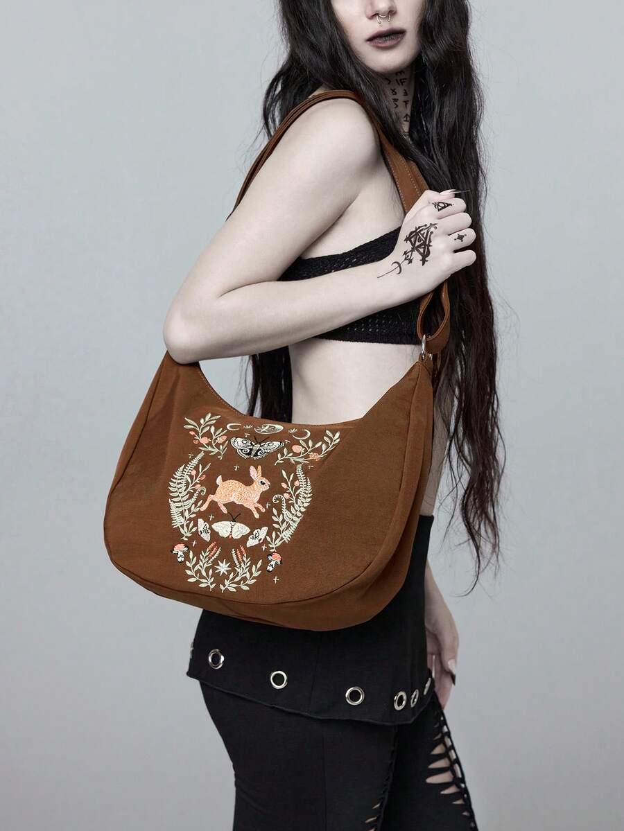 ROMWE Fairycore Flower Type: 1663157 High Quality Embroidery Thread Moth Plant Rabbit Embroidery Mushroom Anti-Splashing Shoulder Underarm Oblique Span Back Computer Male And Female Students Large Capacity Commuter Travel Adjustable Dumpling Bag Brown - Brown - View 1