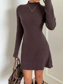Aloruh Women's Autumn/Winter New Ribbed Dark Brown A-Line Long Sleeve Sweater Dress Work Everyday Daily Casual - Brown - View 4