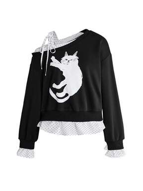 Sweetness sweat-shirt femme 2 en 1 à imprimé chat mignon avec nœud asymétrique à l'épaule