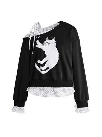 Sweetness Sudadera para mujer con estampado de gato lindo, 2 en 1, hombro asimétrico con lazo