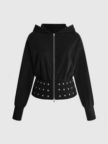 ROMWE Street Life Plus Size Women's Loose Short Zip-Up Sweatshirt With Metal Eyelet Decor, Streetwear Style - Black - View 1