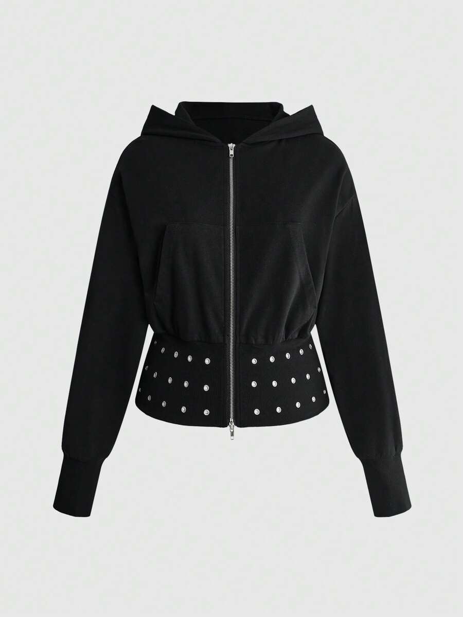 ROMWE Street Life Plus Size Women's Loose Short Zip-Up Sweatshirt With Metal Eyelet Decor, Streetwear Style - Black - View 1